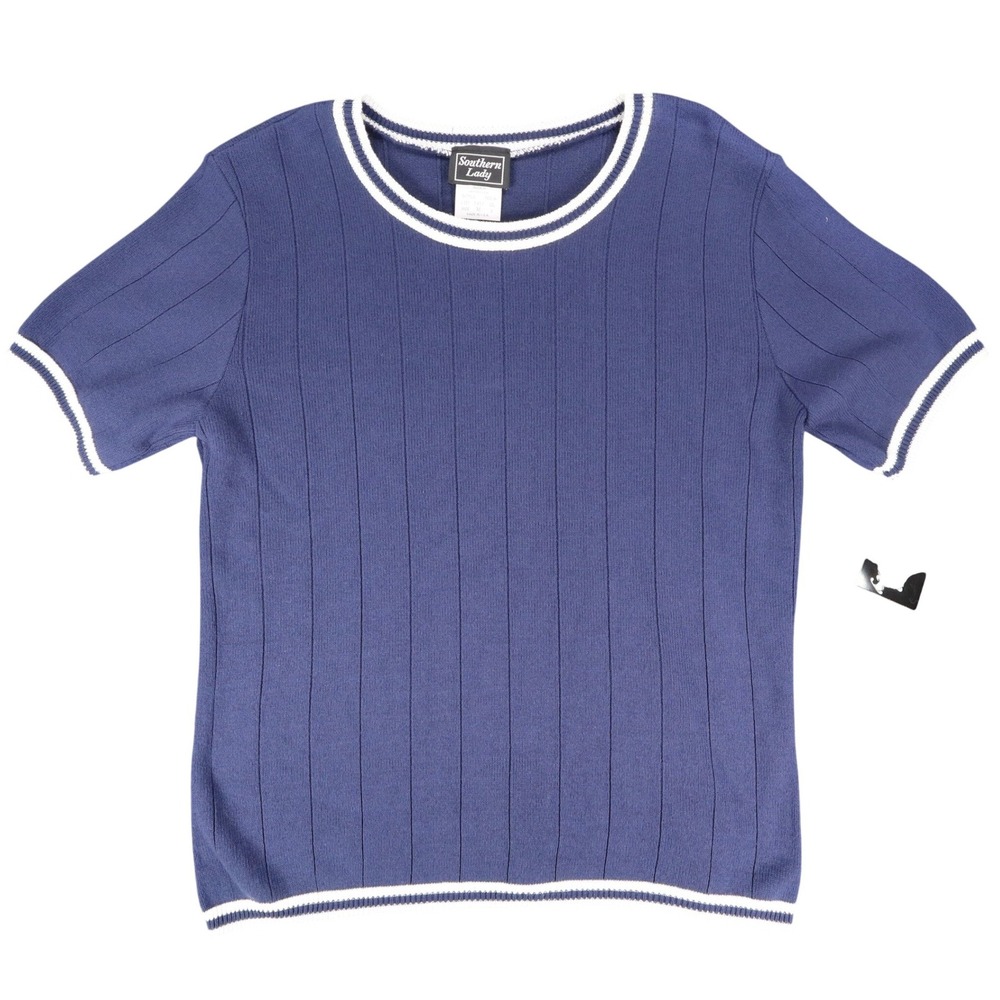 Southern Lady Knit Top Womens Size M Vintage Navy Blue Short Sleeve Ribbed NWT